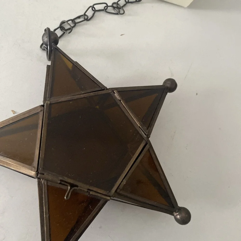 Pier 1 Amber Moroccan Star Lantern Candle Holder Leaded Glass 8